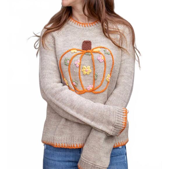 NEW SO ME pumpkin and floral embroidered sweater in beige - Picture 2 of 7